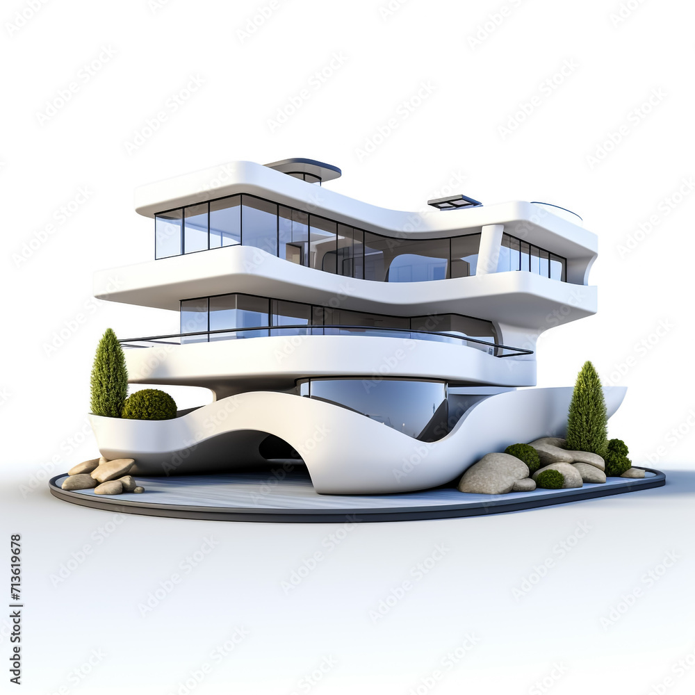 3D illustration, architecture, box style, modern three-storey house ...