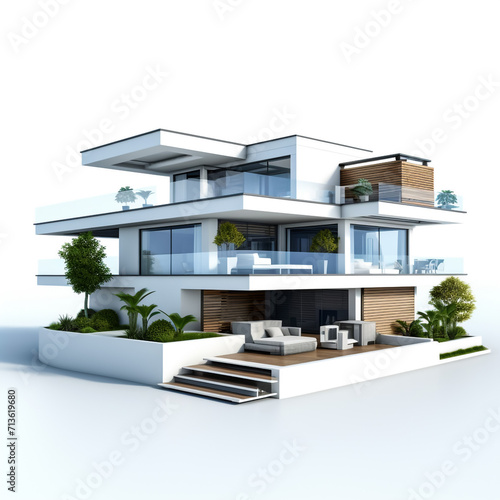 3D illustration, architecture, box style, modern three-storey house, white, gray roof. Rendering on isolate background. © MALIK