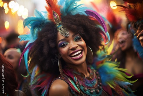 Black Brazilian women in carnival costume on parade. photo