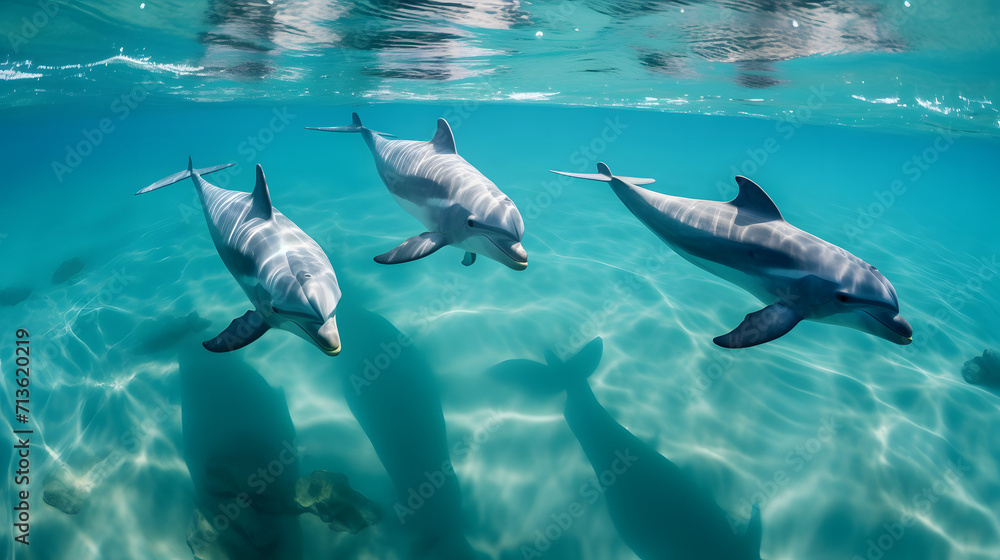 Obraz premium Photo of four dolphins swimming gracefully through turquoise waters. The water is so clear that the bodies of the dolphins are visible from above the surface Ai Generated