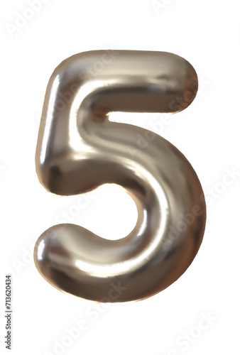 Silver metal number 5 realistic 3d design. 5 number on a white background. Vector illustration