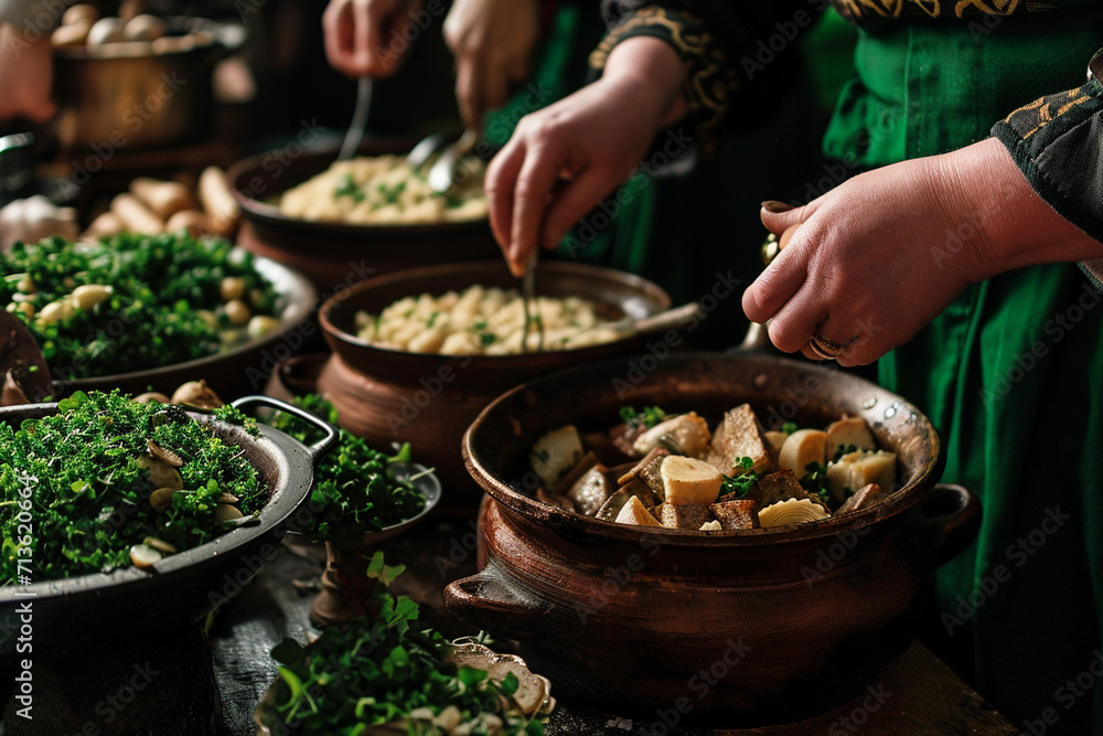 A close-up of hands preparing traditional Irish dishes for a St. Patrick's Day feast, showcasing the culinary joy and love expressed through festive meals A close-up of hands preparing traditional Irish dishes for a St. Patrick's Day feast, showcasing the culinary joy and love expressed through festive meals