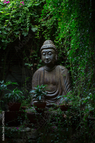 Buddha statue in a lush green foliage