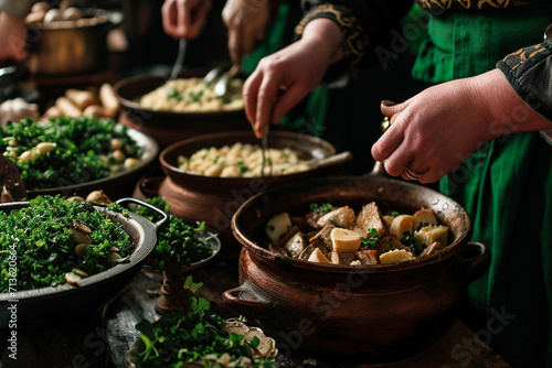 A close-up of hands preparing traditional Irish dishes for a St. Patrick's Day feast, showcasing the culinary joy and love expressed through festive meals