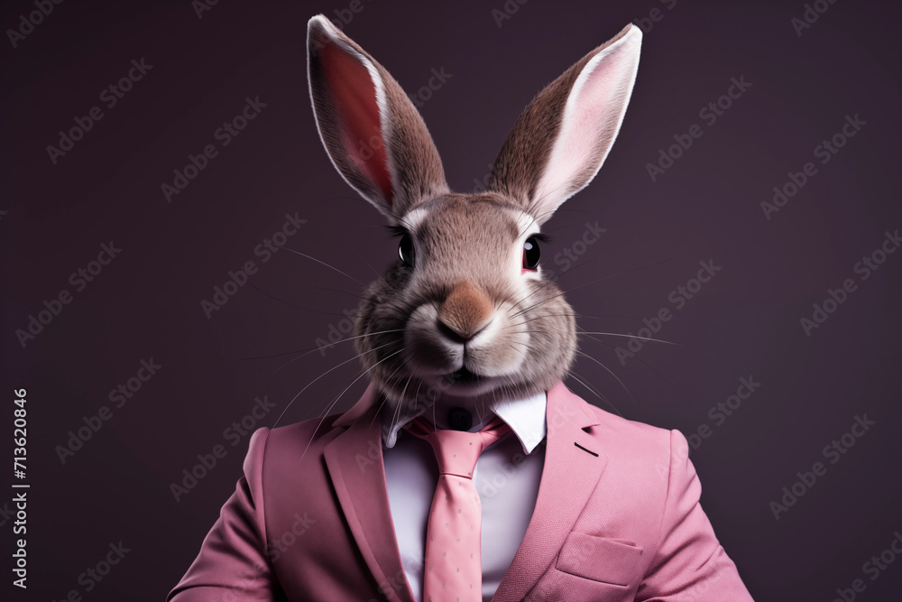 Easter Bunny Rabbit Wearing a Pink Business Suit With Tie and Dark Background generative ai