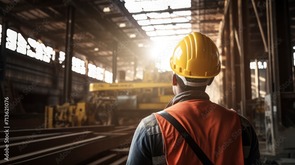 Man Wearing Hard Hat in Warehouse - Safety Precautions for Industrial Workplace Man Wearing Hard Hat in Warehouse - Safety Precautions for Industrial Workplace