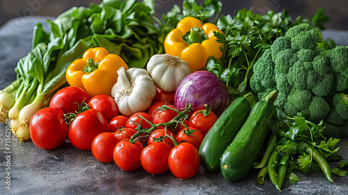 a large assortment of fresh vegetables  including broccoli   tomatoes  and yellow peppers. 