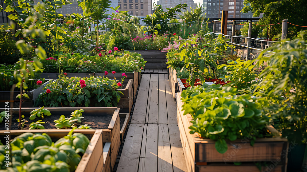 Folhagem exuberante verde enche um jardim urbano no topo de um edifício criando um oásis sereno e sustentável