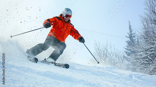 a man is skiing in very deep snow season, winter sport