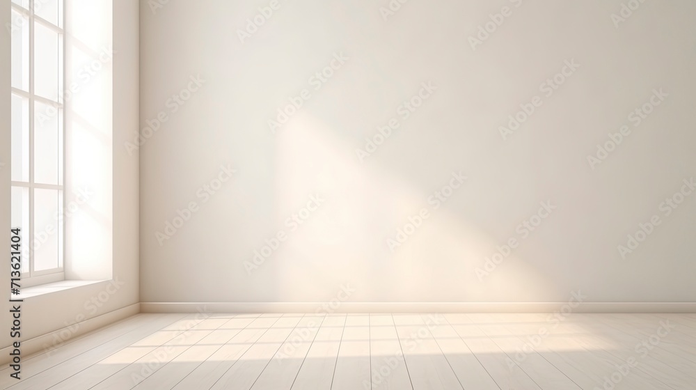 Realistic and minimalist blurred natural light windows, shadow overlay on wall paper texture, abstract background. Minimal abstract light white background for product presentation. - obrazy, fototapety, plakaty 