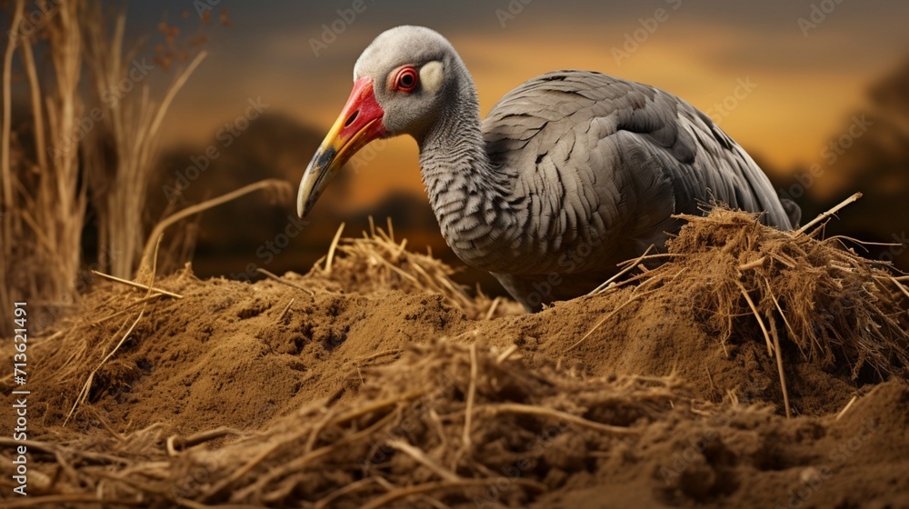 Fototapeta premium A Megapode Meticulously Arranging Nest Materials with Precision and Care - AI-Generative