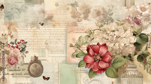 vintage retro scrapbooking paper background with flowers postcards, butterflies