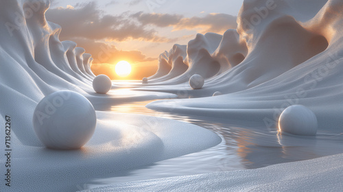 Surreal Snowscape with Spheres and Sunset Reflection