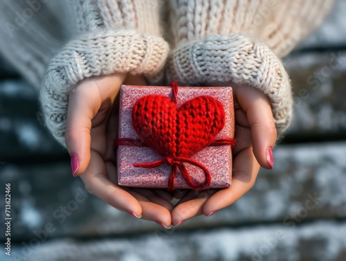 Girl holding a gift in their hands. Box with surprise on the wooden background. A gift for the holidays. Love story. Surprise. Present for Valentine's Day