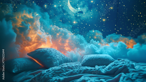 A montage of sleep-related symbols like pillows, stars, and moonlight forming a dreamlike composition. photo