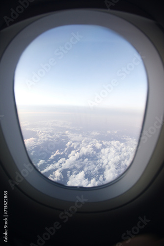 Natural background of sky view with clouds from airplane window.