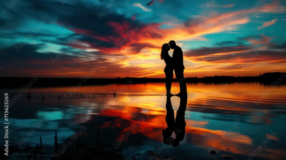 Silhouette of the guy and the girl who standing face to face on the shore of the ocean on the background of the sky with an orange tinge