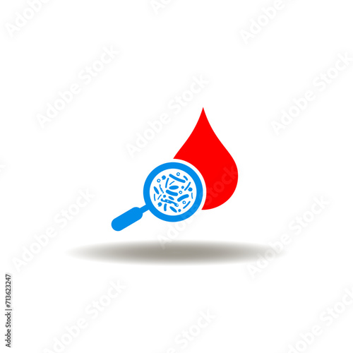 Vector illustration of blood drop and magnifier with pathogen, infection, bacterium. Symbol of sepsis. Icon of bacteria, virus analysis, testing.