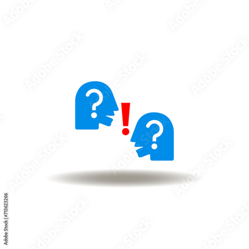 Vector illustration of two head with question marks and exclamation sign. Icon of difficult conversation. Symbol of interpersonal conflict and confrontation.