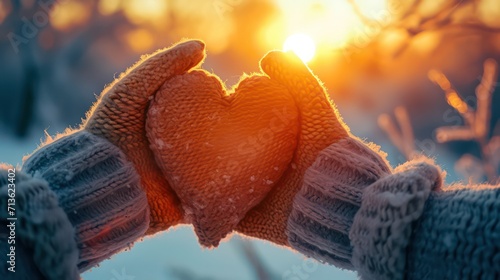 Valentine's day background.Hands in fluffy mittens hold a red knitted heart of thread on a background of a snowy forest.Close-up, cropped shot, horizontal.Concept of a holiday and relationship. photo