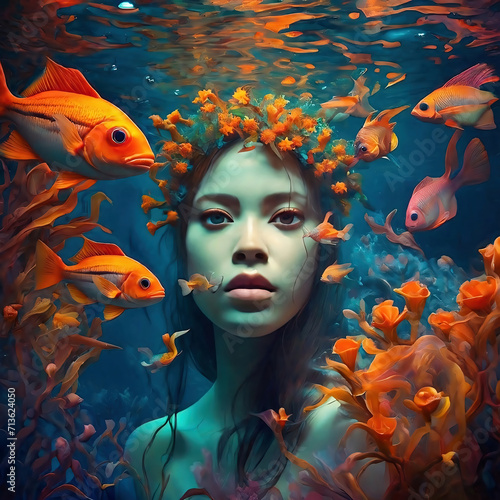 Ethereal underwater portrait of a red hair woman with vibrant orange flowers reef and fishes