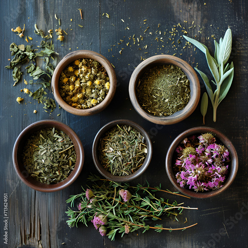 herbs and spices on wooden background