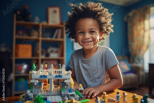 A little African American boy sits at the table in his cozy room and plays with a construction set. Happy smart kid assembling a model of toy city with houses, cars and people. Play and learn concept.