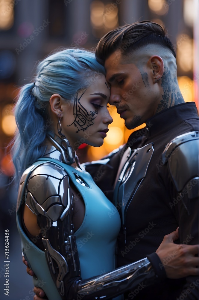 Young man hugging a female humanoid android, looking at her with affection Generated with AI Young man hugging a female humanoid android, looking at her with affection Generated with AI