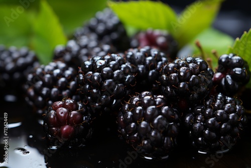 A handful of fresh ripe blackberries with green leaves on the water. Shallow depth of field. Black background.