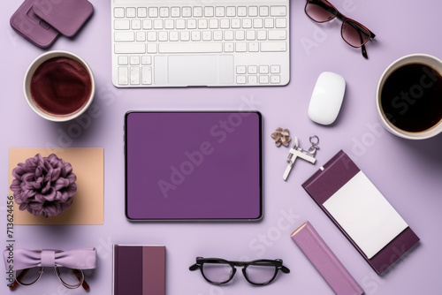 Top view of computer keyboard, gift box, cups of coffee and decorations on lilac background. Cyber Monday, Black Friday, Christmas sale background with copy space. Online holiday shopping concept.