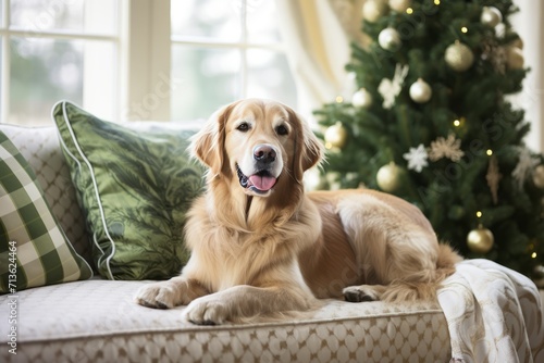 Cute golden retriever dog lying on a sofa near Christmas tree in cozy living room. Anticipation of the New Year holidays.