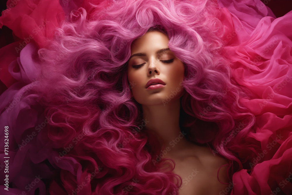Portrait of a woman with bright pink hair, whose face is obscured, surrounded by flowing, richly coloured fabrics in an artistic and dramatic setting.