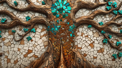 Fantasy-themed 3D mural on wooden oak with white lattice tiles, tree with kaleidoscopic leaves in turquoise, blue, brown, chamfered gold. photo
