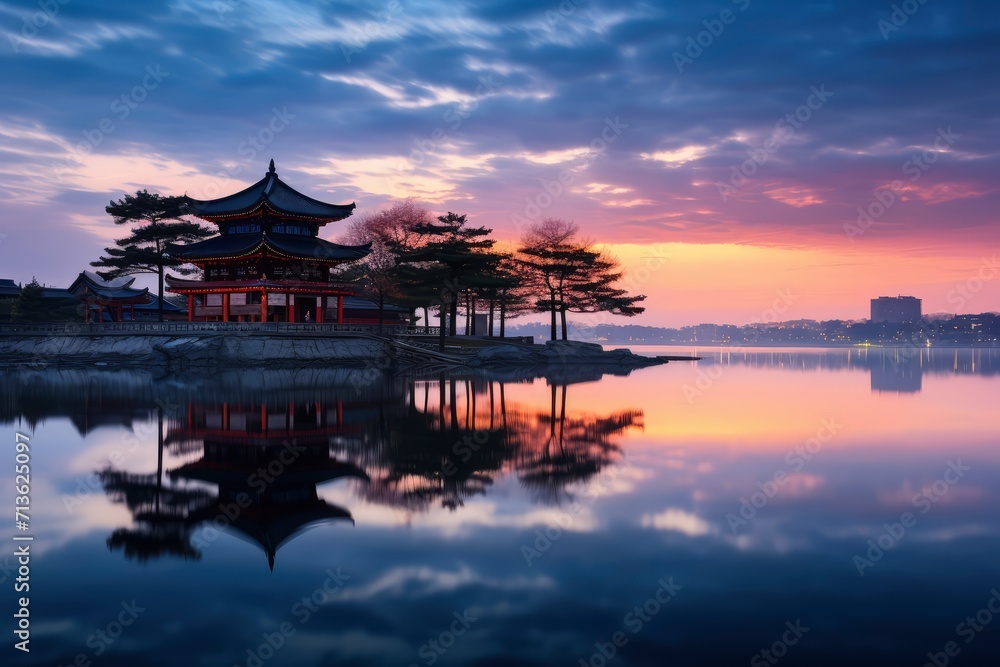 Serene Sunset With Lake and Pagoda Serene Sunset With Lake and Pagoda