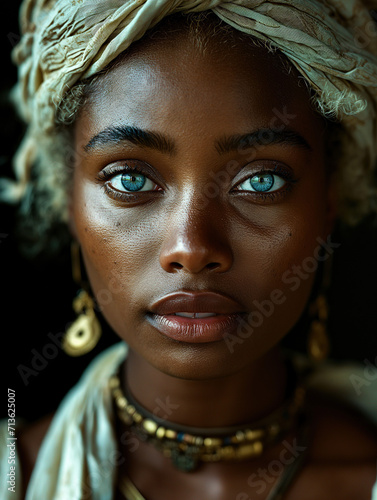 AI-Generated Portrait of a Beautiful Black African Blonde Woman with Blue Eyes photo