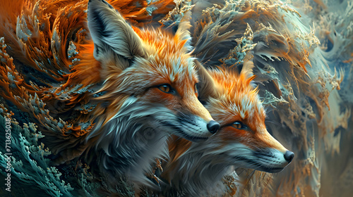 A vibrant painting captures the mesmerizing gaze of two swift and cunning foxes, exuding a sense of wild grace and untamed beauty in their animalistic form