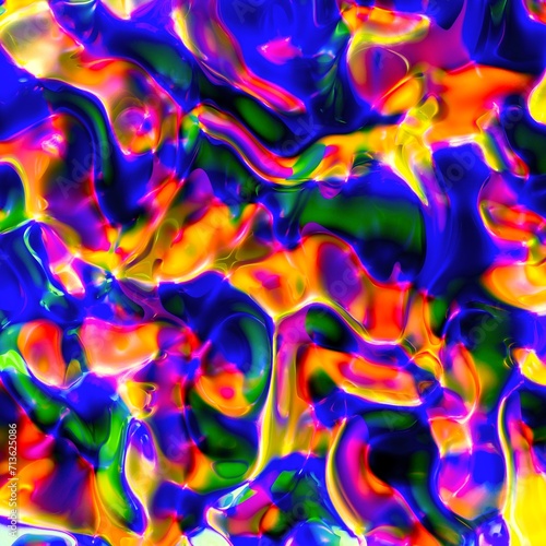 Abstract, fluid and colorful 3D background texture. Modern and contemporary feel. Metallic, iridescent and reflective with shades of purple, yellow, orange, green, blue, pink, magenta