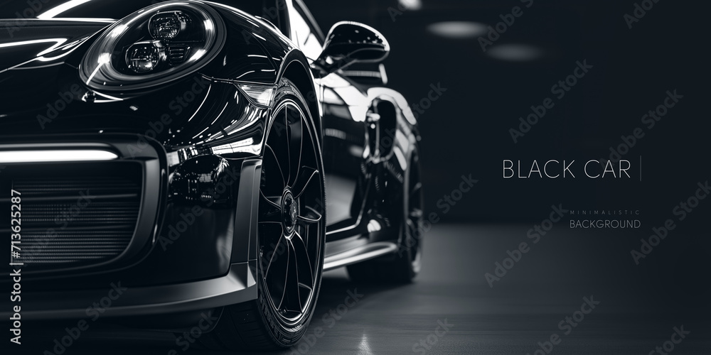 Black luxury sports car showcased with a sleek design and modern style on a dark background.