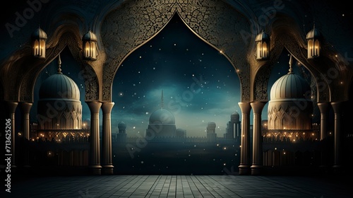 Obraz na płótnie Night ramadan themed background, traditional Muslim lanterns gold particles and