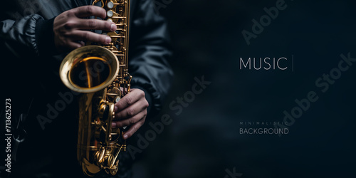 Music banner. Close-up of hands playing a golden saxophone against a dark backdrop. photo