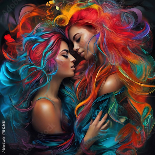 Two women with vibrant colorful hair engaging embracing each other with their faces close together against a dark background filled with bokeh lights