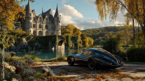 AI-Generated Luxury Car in Front of Stately Castle photo