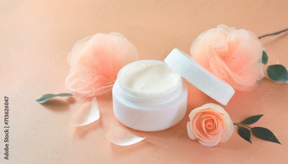 White cream cosmetic mask with delicate spring flower decoration on peach fuzz tone background with copy space. Natural cosmetics with organic products White cream cosmetic mask with delicate spring flower decoration on peach fuzz tone background with copy space. Natural cosmetics with organic products