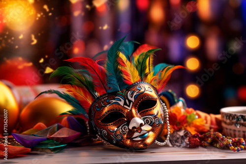 Colorful detail of a carnival mask on a surface, ready to liven up the party. Close-up of vibrant carnival mask standing out on a festive surface.