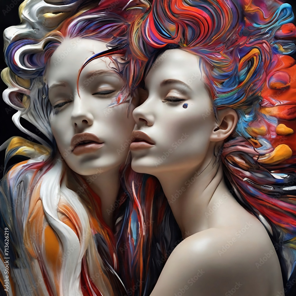 Obraz premium Side view of abstract women with vibrant, coloful hair engaging in a tender with their faces close together