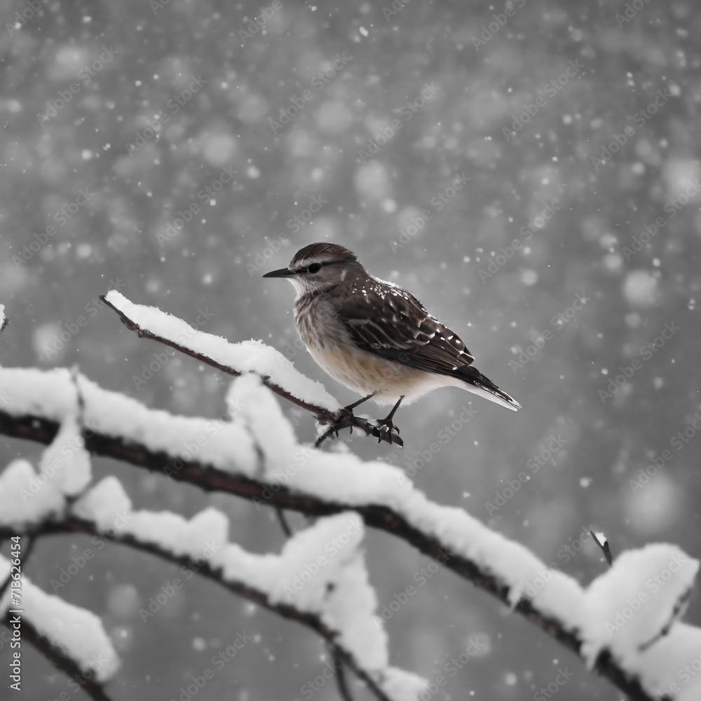 Snowy Bird (Tringa totanus) in the snow on tree branch. Solitary Bird Braving the Winter Snowfall Snowy Bird (Tringa totanus) in the snow on tree branch. Solitary Bird Braving the Winter Snowfall