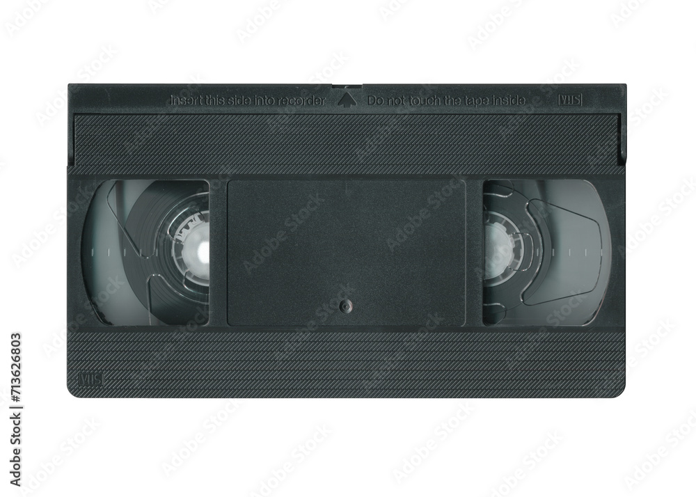 Old vhs cassette tape front, top view isolated. Vintage magnetic videotape movie storage concept studio shot.