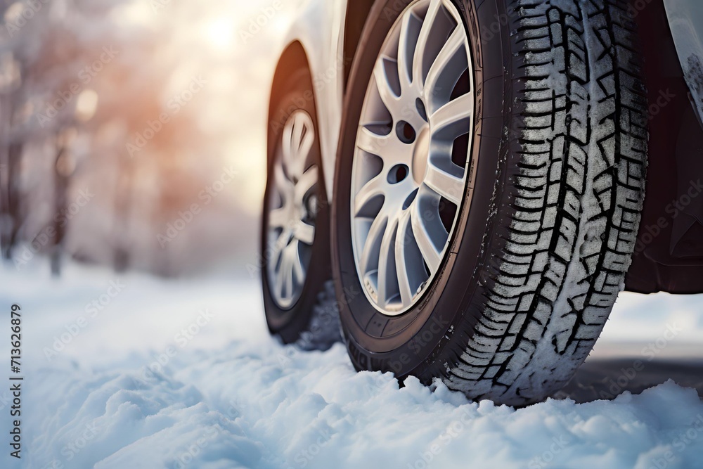 Detail of car tires in winter on a snow-covered road