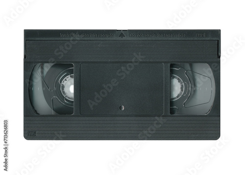 Old vhs cassette tape front, top view isolated. Vintage magnetic videotape movie storage concept studio shot.