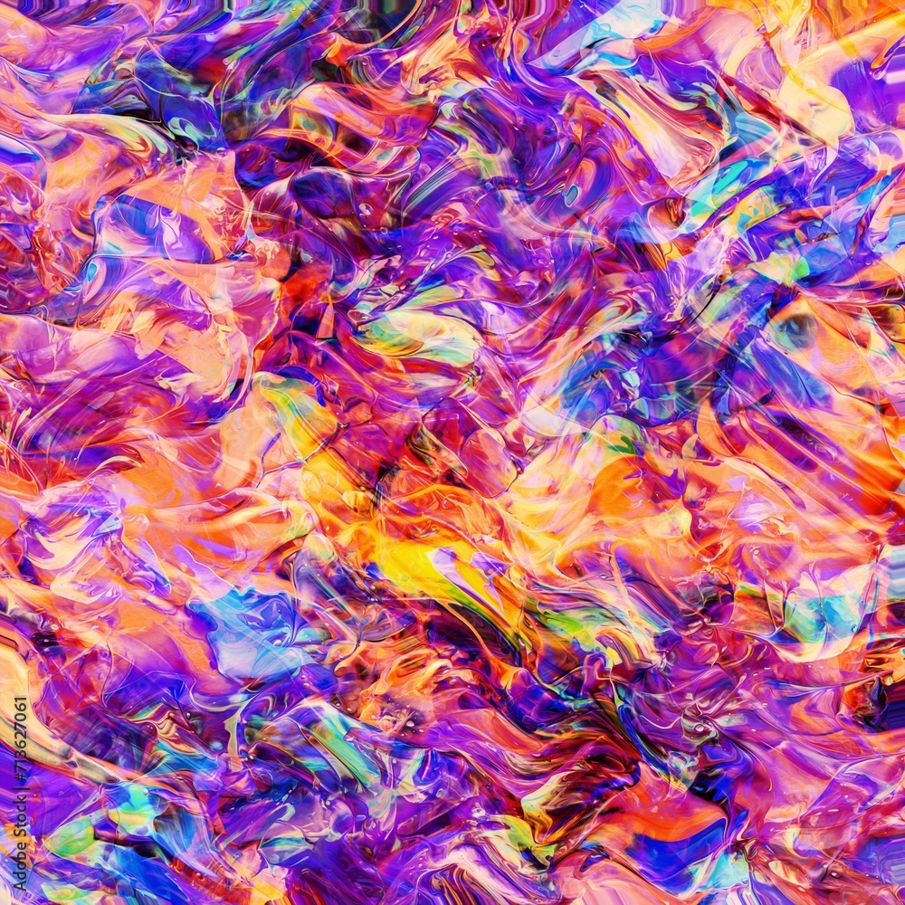 Vibrant, colorful and fluid abstract paint texture background in a modern and contemporary style with shades of purple, yellow, orange, magenta, pink